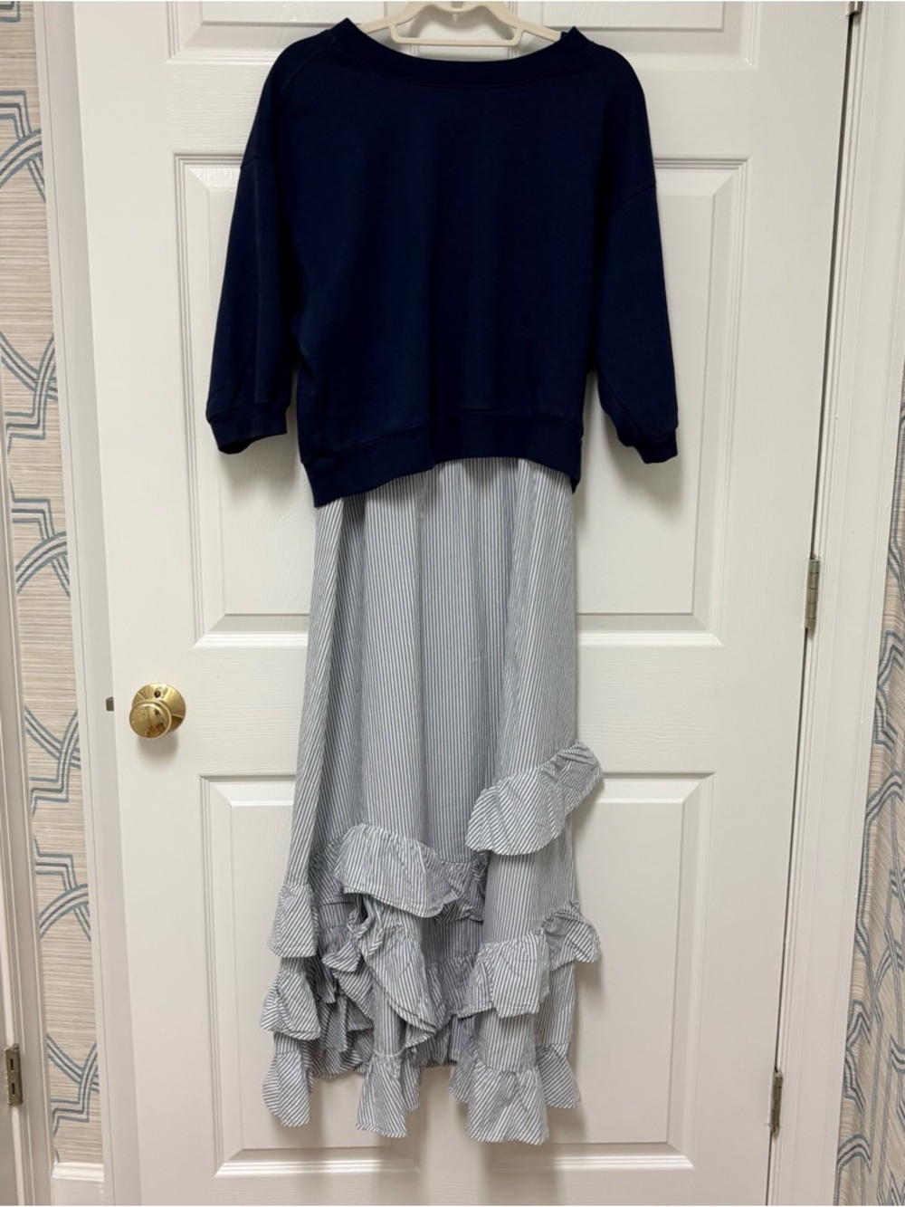 Maeve Navy Sweatshirt Twofer with Light Blue & White Striped Ruffle Maxi Dress